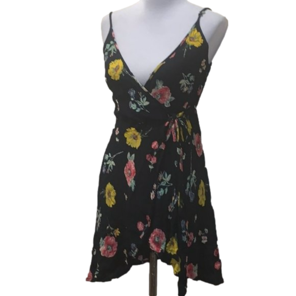 Band of Gypsies Black Floral Mini Wrap Tie Dress Boho Small